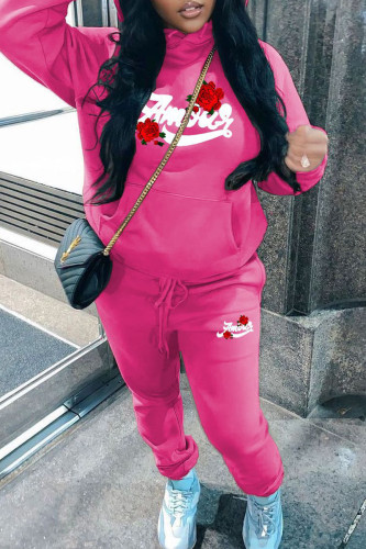 Rose Red Casual Print Draw String Pocket Patchwork Hooded Long Sleeve Two Pieces