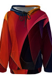 Colour Casual Print Draw String Pocket Patchwork Hooded Tops
