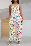 Peacock Blue Casual Street Geometric Print Pocket Belted Contrast V Neck Loose Jumpsuits