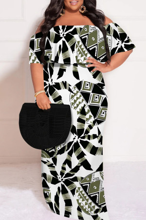 White Sexy Plaid Floral Print Letters Ruffle Contrast Off Shoulder Printed Plus Size Dresses