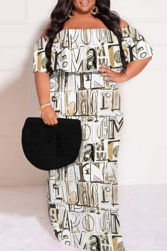 Multicolor Sexy Plaid Floral Print Letters Ruffle Contrast Off Shoulder Printed Plus Size Dresses