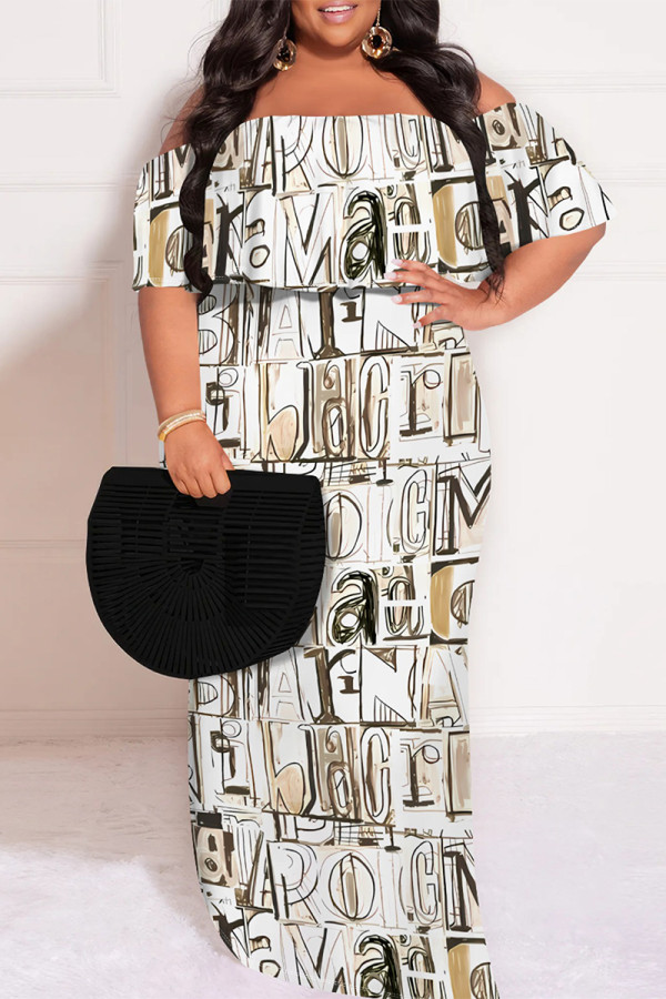 Multicolor Sexy Plaid Floral Print Letters Ruffle Contrast Off Shoulder Printed Plus Size Dresses
