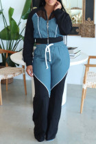 Blue Casual Draw String Patchwork Zipper Contrast Zipper Collar Long Sleeve Two Pieces