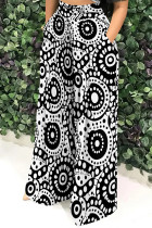 Black And White Casual Print Pocket Patchwork Loose High Waist Wide Leg Full Print Bottoms