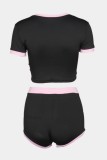 Black Casual Digital Letter Print Patchwork O Neck Short Sleeve Two Pieces