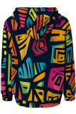 Colour Casual Print Draw String Pocket Patchwork Hooded Tops