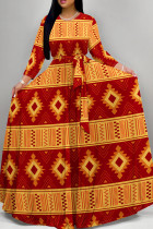 Red Casual Print Patchwork Strap Design O Neck Long Dresses