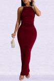 Burgundy Sexy Elegant Solid Color Backless Slit Pearls Decor Spaghetti Strap Long Dresses