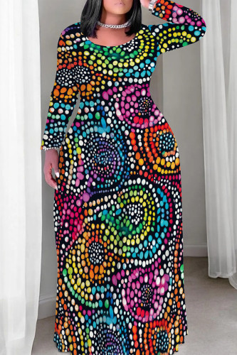 Multicolor Casual Print Patchwork O Neck Long Plus Size Dresses