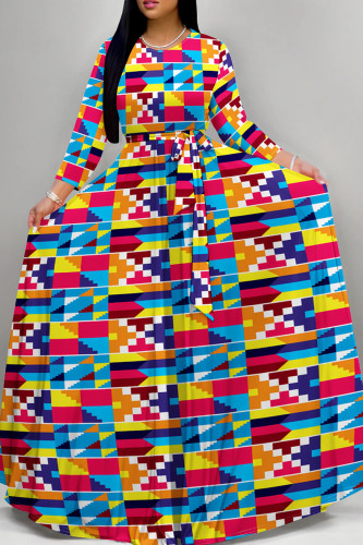 Red Blue Casual Print Patchwork Strap Design O Neck Long Dresses