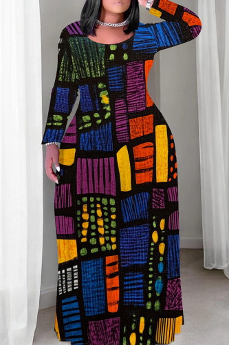 Blue Purple Casual Print Patchwork O Neck Long Plus Size Dresses