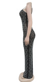 Black Sexy Hot Drilling See-Through Backless Slit Spaghetti Strap Long Dresses