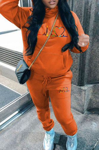 Orange Casual Print Draw String Pocket Patchwork Hooded Long Sleeve Two Pieces