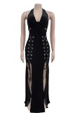 Red Sexy Hot Solid Color Backless Slit Belted Halter Long Dresses