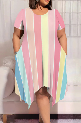 Blue Pink Casual Colorblock Patchwork O Neck Irregular Plus Size Dresses