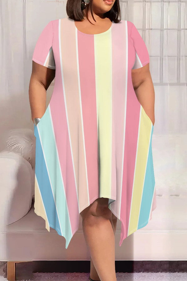 Blue Pink Casual Colorblock Patchwork O Neck Irregular Plus Size Dresses