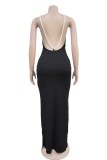 Burgundy Sexy Elegant Solid Color Backless Slit Pearls Decor Spaghetti Strap Long Dresses