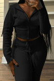 Pink Casual Solid Color Draw String Pocket Patchwork Zipper Zipper Collar Long Sleeve Two Pieces