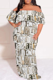 Blue Gray Sexy Plaid Floral Print Letters Ruffle Contrast Off Shoulder Printed Plus Size Dresses