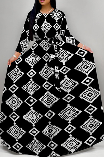 Black And White Casual Print Patchwork Strap Design O Neck Long Dresses