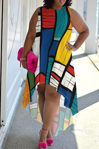 Multicolor Casual Print Patchwork O Neck Irregular Plus Size Dresses