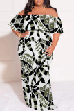 Blue Gray Sexy Plaid Floral Print Letters Ruffle Contrast Off Shoulder Printed Plus Size Dresses