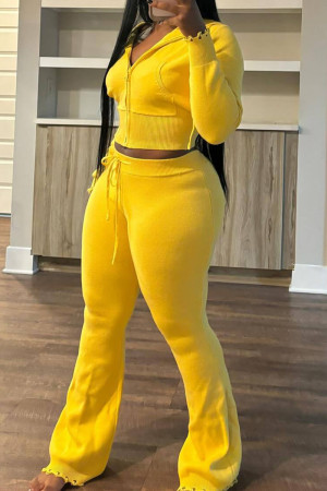 Yellow Casual Solid Color Draw String Pocket Patchwork Zipper Zipper Collar Long Sleeve Two Pieces