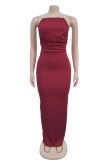 Burgundy Sexy Elegant Solid Color Backless Slit Pearls Decor Spaghetti Strap Long Dresses