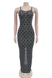 Black Sexy Hot Drilling See-Through Backless Slit Spaghetti Strap Long Dresses
