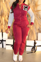 Red Casual Letters Pocket Patchwork Zipper Zipper Collar Long Sleeve Two Pieces