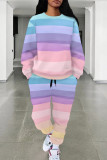 Multicolor Casual Print Draw String Pocket Patchwork O Neck Long Sleeve Two Pieces