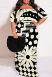 Blue Gray Sexy Plaid Floral Print Letters Ruffle Contrast Off Shoulder Printed Plus Size Dresses