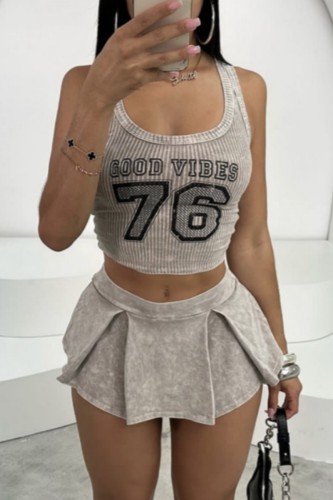 Khaki Sexy Casual Hot Digital Letter Print U Neck Sleeveless Two Pieces