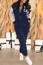 Blue Casual Letters Pocket Patchwork Zipper Zipper Collar Long Sleeve Two Pieces
