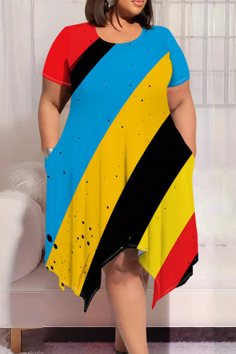 Blue Yellow Casual Colorblock Patchwork O Neck Irregular Plus Size Dresses