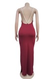 Burgundy Sexy Elegant Solid Color Backless Slit Pearls Decor Spaghetti Strap Long Dresses