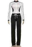 Grey Casual Draw String Patchwork Zipper Contrast Zipper Collar Long Sleeve Two Pieces