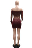 Red Sexy Party Patchwork Hot Drilling Backless Off Shoulder Wrapped Skirt Dresses