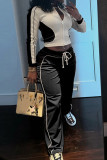 Grey Casual Draw String Patchwork Zipper Contrast Zipper Collar Long Sleeve Two Pieces