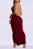 Burgundy Sexy Elegant Solid Color Backless Slit Pearls Decor Spaghetti Strap Long Dresses