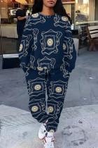 Navy Blue Casual Street Letters Faux Denim Print Draw String Pocket Contrast O Neck Long Sleeve Two Pieces