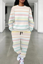 Multicolor Casual Print Draw String Pocket Patchwork O Neck Long Sleeve Two Pieces
