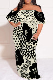 Blue Gray Sexy Plaid Floral Print Letters Ruffle Contrast Off Shoulder Printed Plus Size Dresses