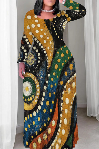 Black Yellow Casual Print Patchwork O Neck Long Plus Size Dresses