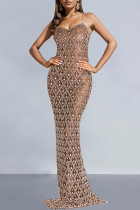 Coffee Sexy Hot Drilling See-Through Backless Slit Spaghetti Strap Long Dresses