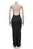 Burgundy Sexy Elegant Solid Color Backless Slit Pearls Decor Spaghetti Strap Long Dresses