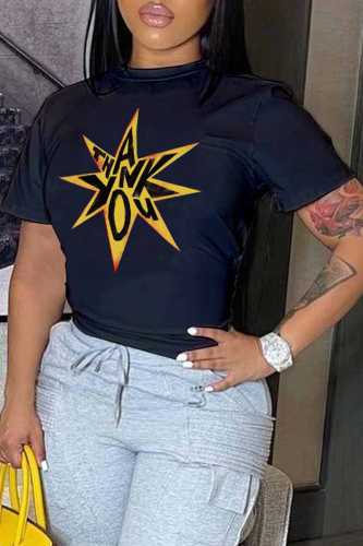 Black Casual The stars Letter Print O Neck T-Shirts
