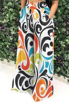 White Casual Print Pocket Patchwork Loose High Waist Wide Leg Full Print Bottoms
