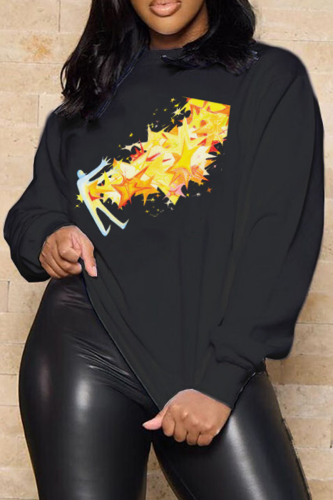 Black Casual Street Graffiti Print O Neck Tops