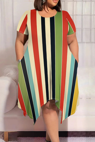 Black Green Casual Colorblock Patchwork O Neck Irregular Plus Size Dresses